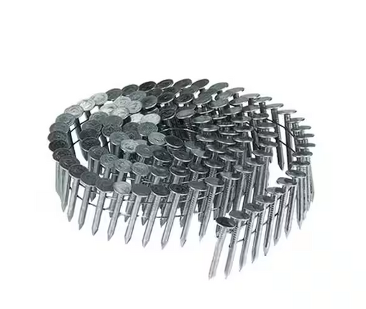 1-1/2 inches by 0.120 Gauge 15-Degree Electro Galvanized Coil Roofing Nails, containing 7200 nails per box.