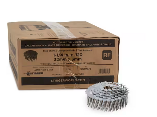 1-1/4 in. x 0.120-Gauge Hot Dipped Galvanized Ring Shank Wire Coil Roofing Nails, with 7200 nails per box.